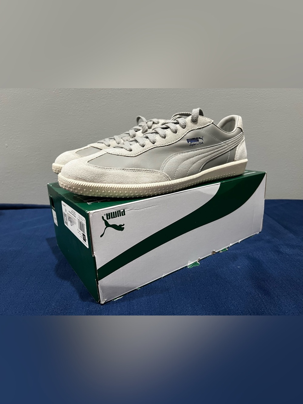 Puma Super Liga OG Retro Limestone Peacoat Leather Sneakers 356999-19 Size 14